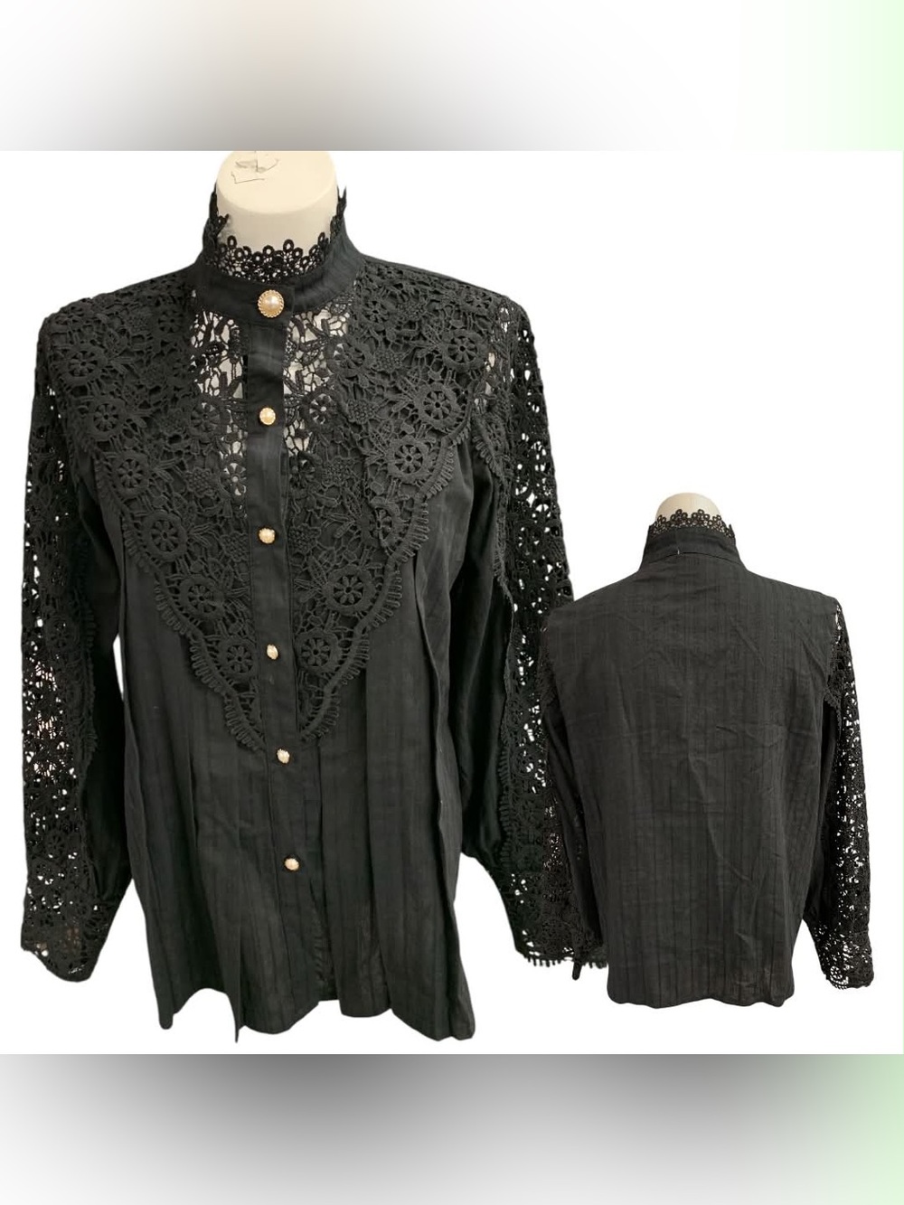 Black Lace-Trim Button Front Top Size L